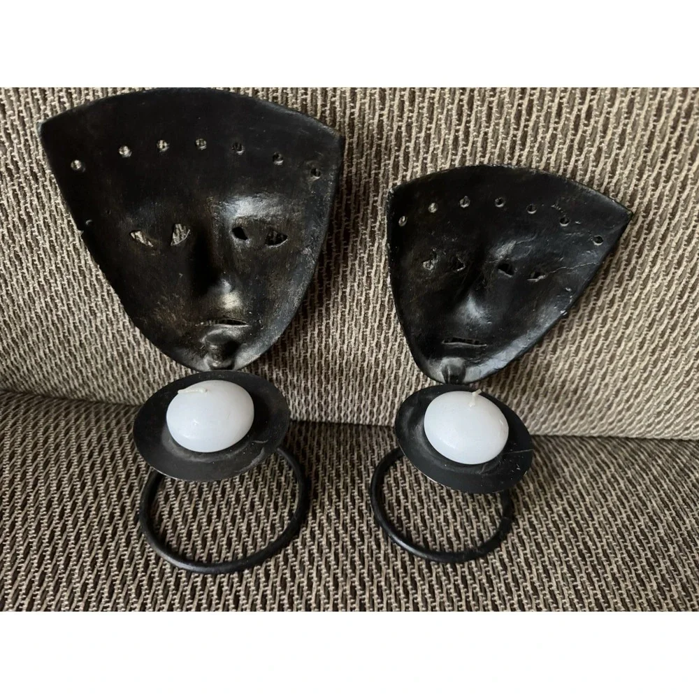 Vintage Style Cast Iron Tribal Face Mask Votive Candle Holders Set‎ Rustic Decor